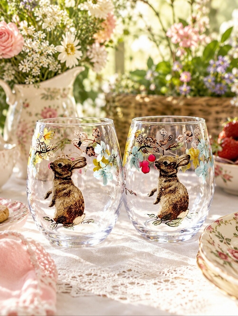 Vintage Handpainted Bunny Stemless Wine Glasses Set of 2